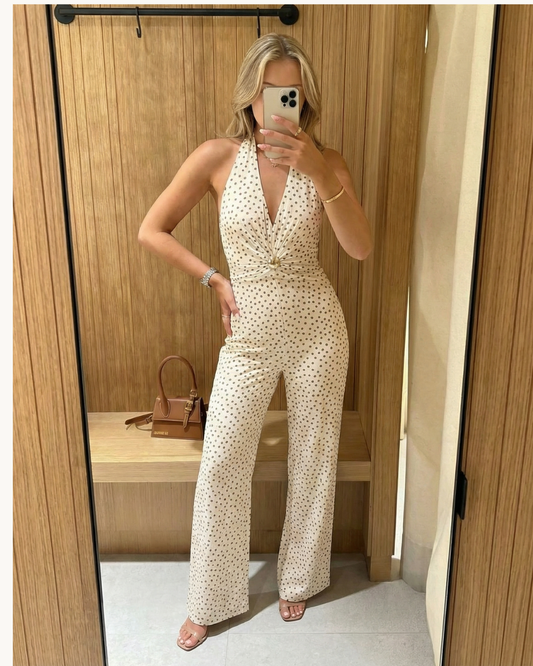 Tess | Elegant Polka Dot Halter Neck Jumpsuit Cream Wide Leg