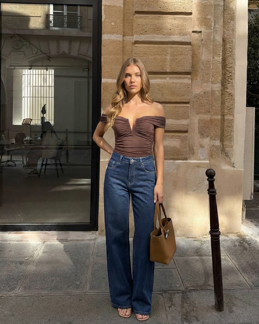 Cora | Elegant Off Shoulder Corset Top Brown Ruched