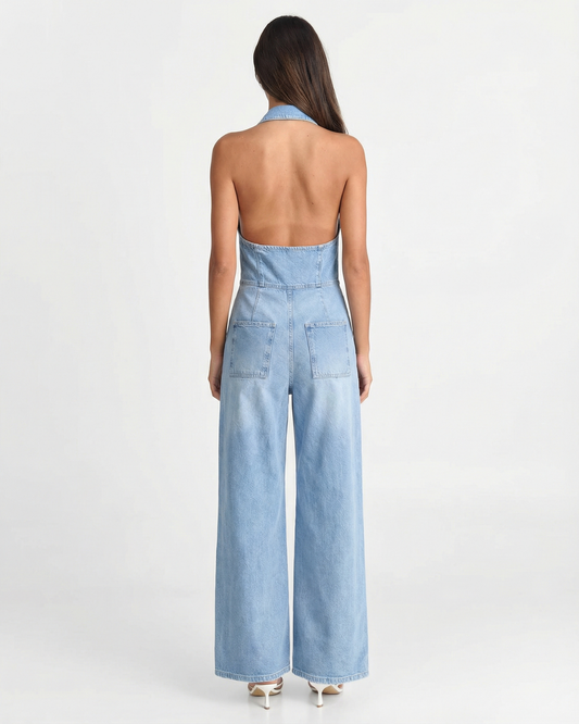 Marin | Denim Shirt Jumpsuit Light Blue Halter Neck Wide Leg