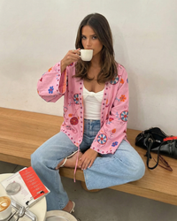 Elsie | Floral Motif Wide Sleeve Open Front Contrast Stripe Lining Cotton Kimono