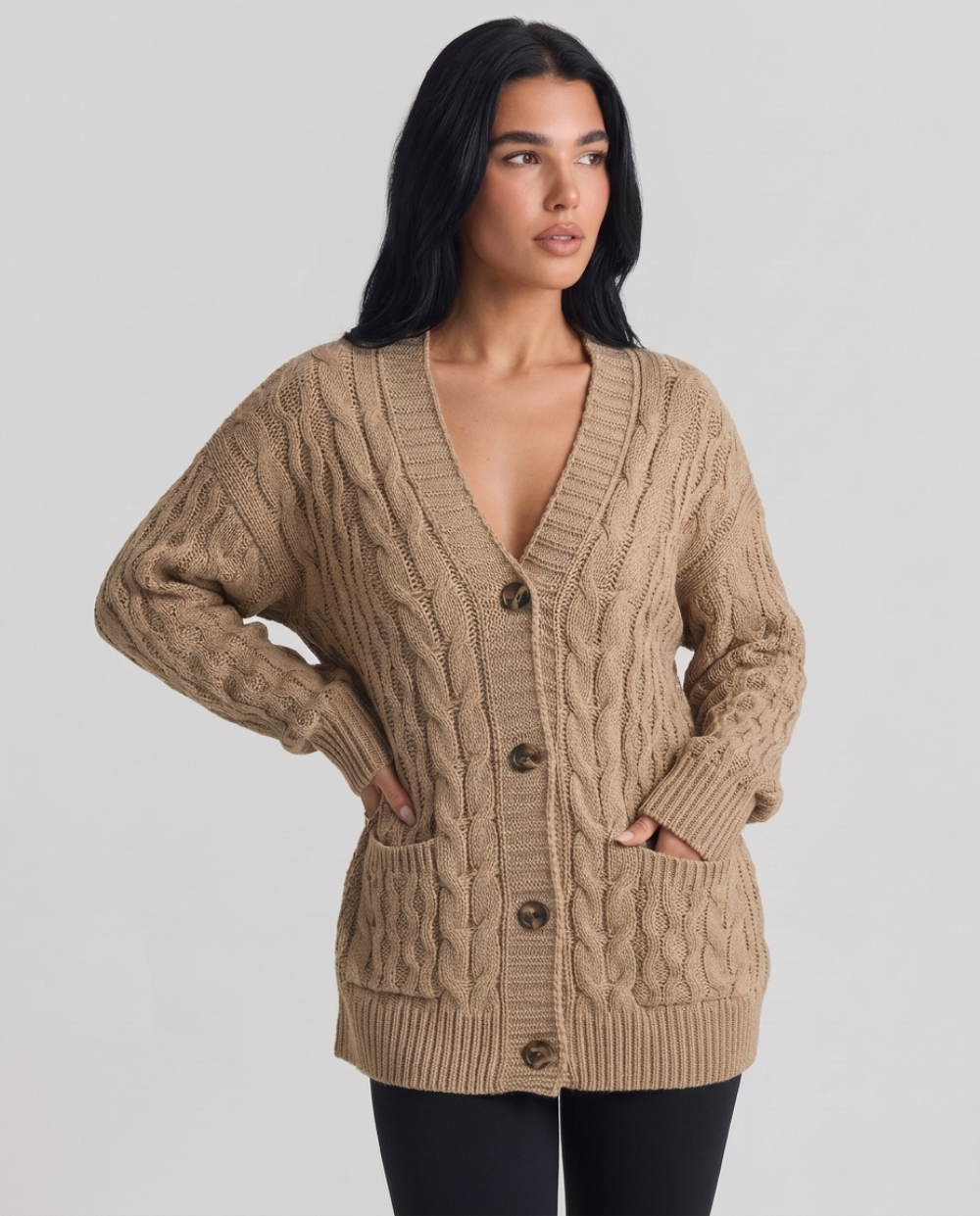 Regine | Women's Oversized Cable Knit Cardigan Khaki