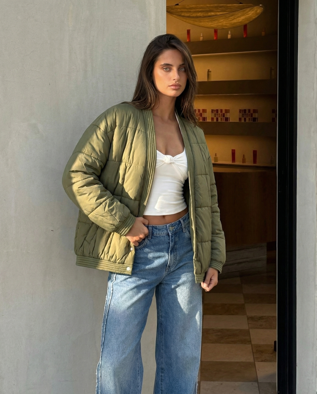 Kira | Quilted Puffer Jacket Green Oversized Collarless