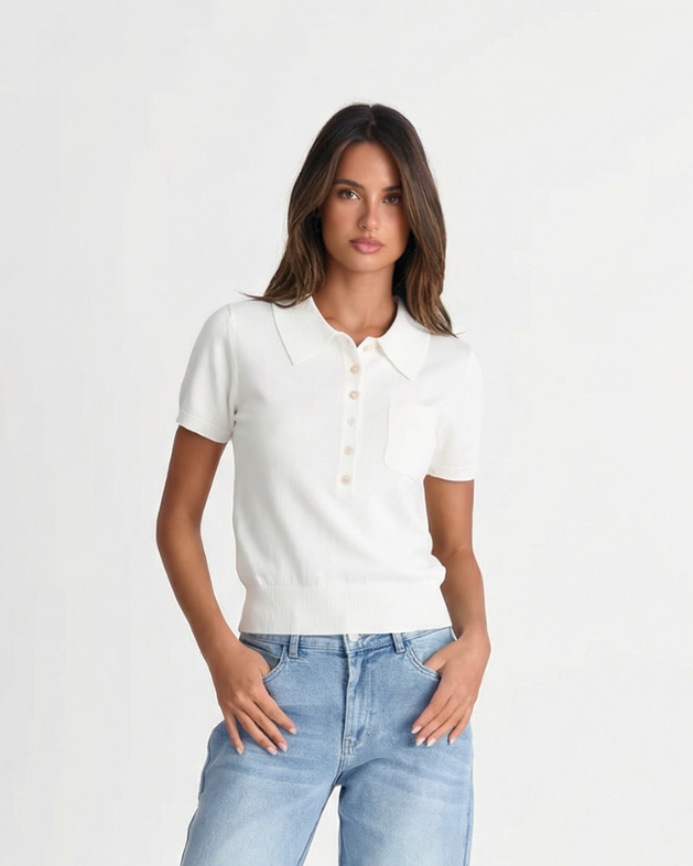 Harper | Pocket Detail Cropped Knit Polo Top