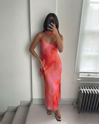 Victoria | Abstract Print V-Neck Spaghetti Strap Chiffon Maxi Slip Dress