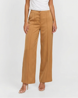 Isla | High-Waist Button-Front Vertical Seam Wide-Leg Satin Trousers in Camel