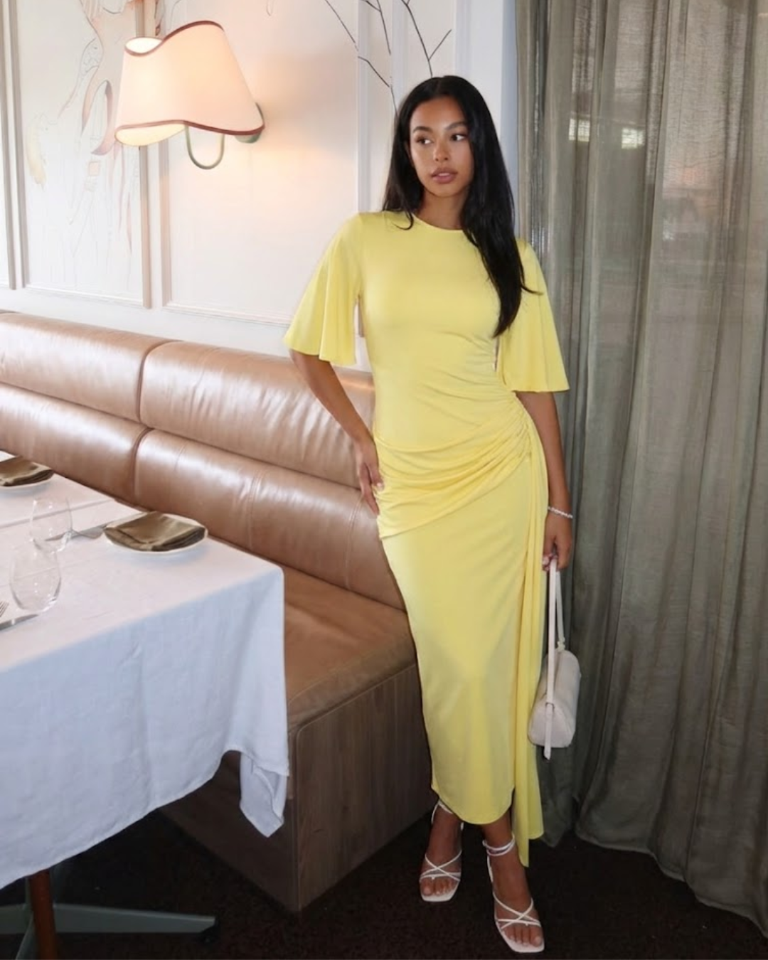Summer | Asymmetric Ruched Panel Round Neck Flared Sleeve Fitted Midi Dress