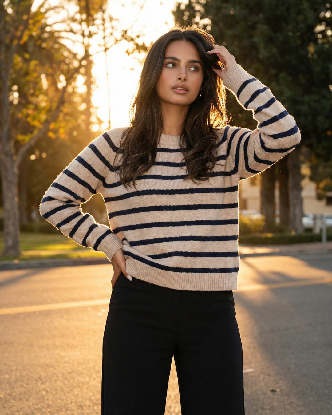 Matilda | Classic Stripe Crew Neck Ribbed Cuff Long Sleeve Relaxed Knit Top