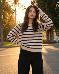 Matilda | Classic Stripe Crew Neck Ribbed Cuff Long Sleeve Relaxed Knit Top