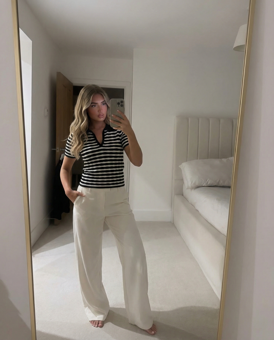 Phoebe | Flattering Ribbed Knit Striped Polo Top