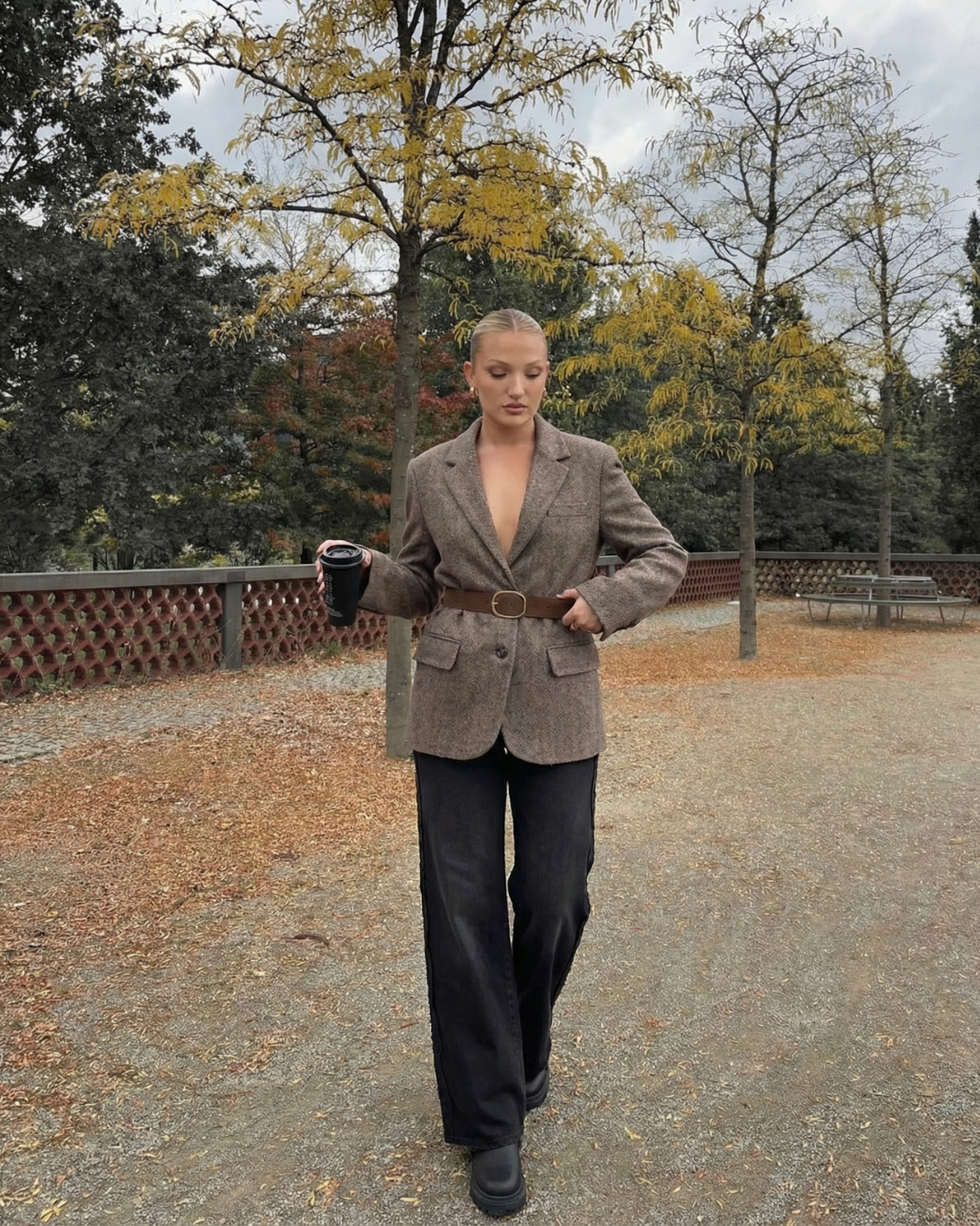 Saffron | Oversized Herringbone Belted Blazer