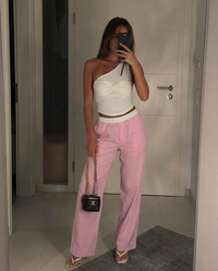 Mary | Stripe Contrast Waistband Button Fly Wide-Leg Cotton Trousers