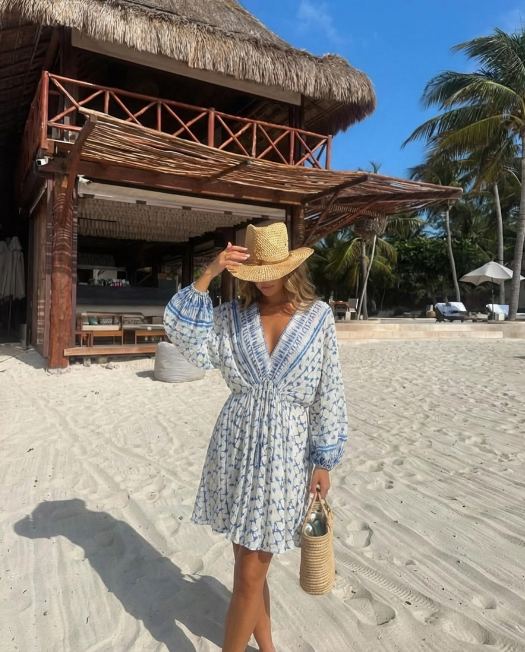Ailsa | Tie-Dye Deep V-Neck Bishop Sleeve Mini Dress