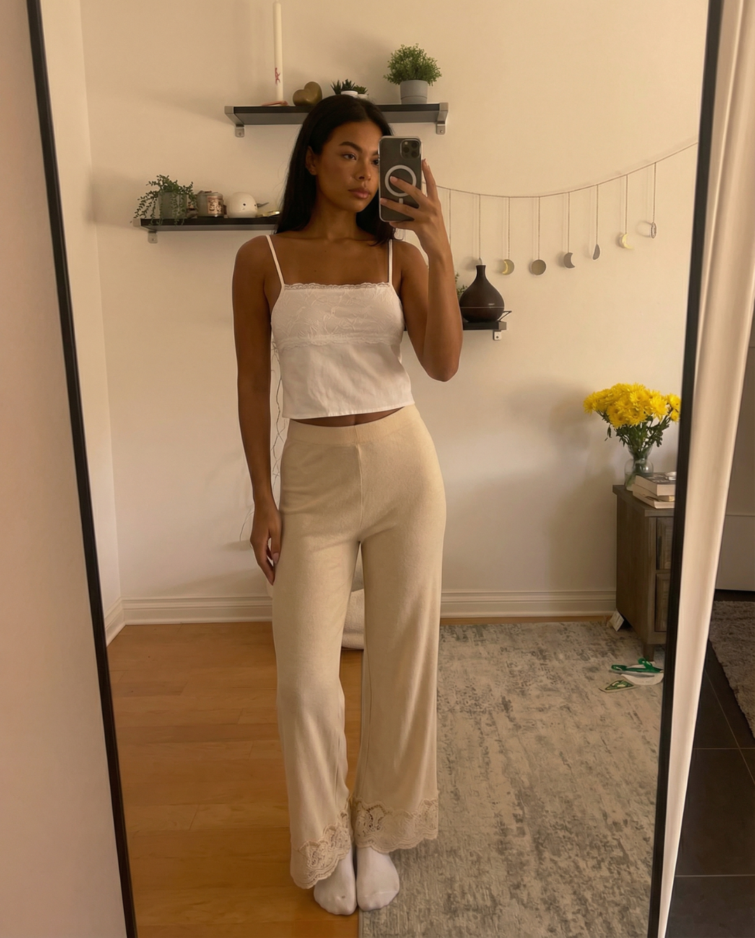 Rosa | Lace Hem Elasticated Waist Brushed Terry Wide-Leg Trousers in Cream