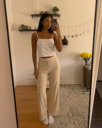 Rosa | Lace Hem Elasticated Waist Brushed Terry Wide-Leg Trousers in Cream