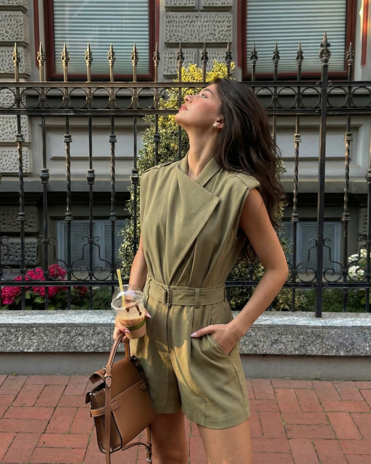 Quin | Elegant Belted Utility Shorts Jumpsuit Khaki