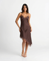 Primrose | Lace Trim V-Neck Spaghetti Strap Asymmetric Hem Satin Slip Midi Dress