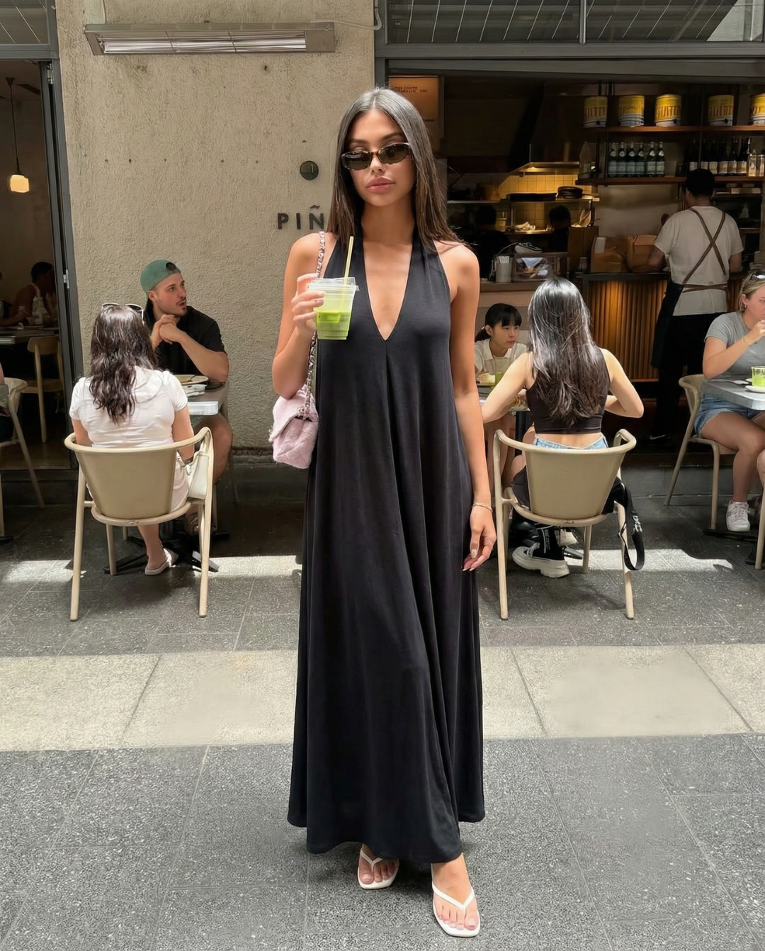 Saffron | Deep V Halter Neck Flowing Maxi Premium Jersey Dress