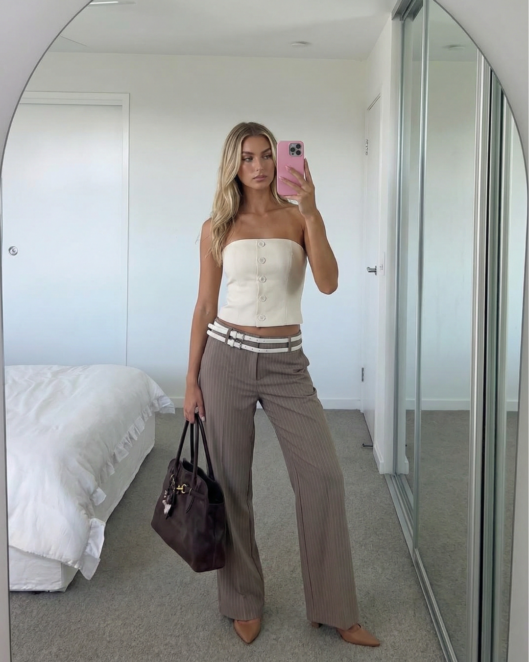 Orla | Casual Tailored Trousers Taupe Pinstripe Belted