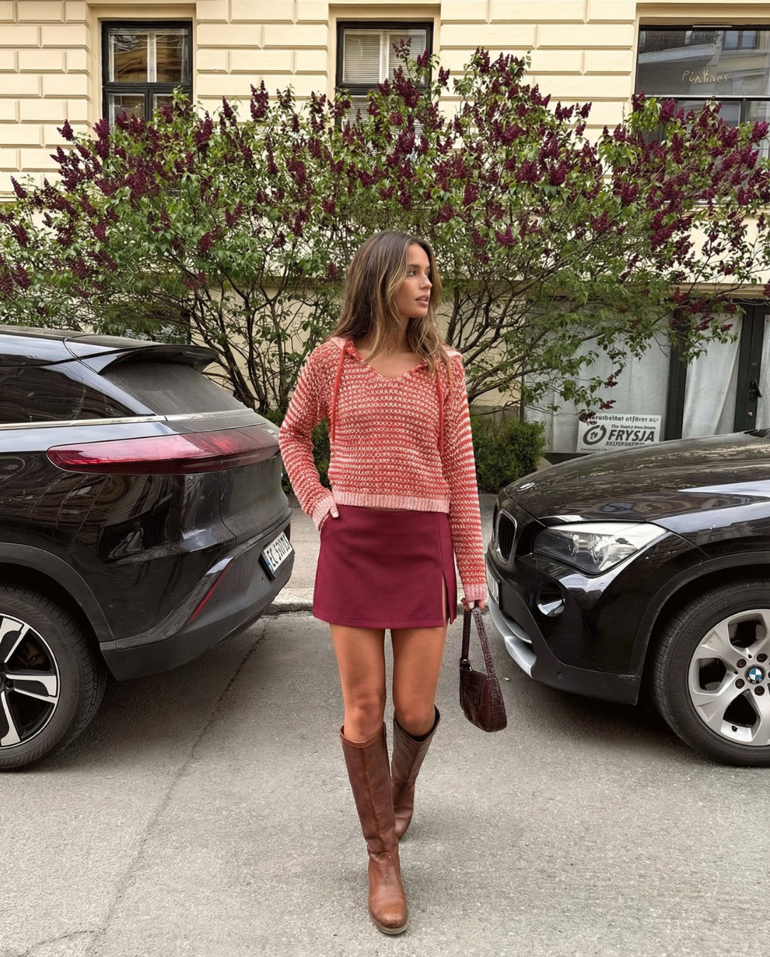 Ruby | Red Relaxed Open Knit Striped Hooded Jumper