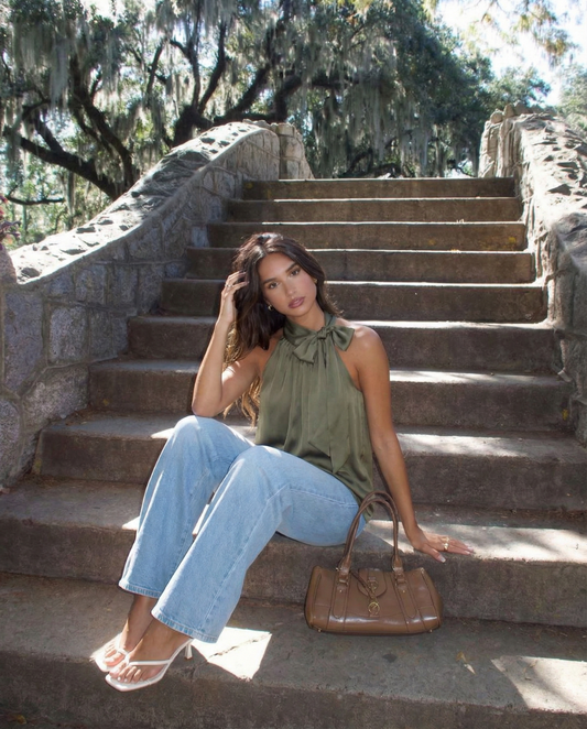 Maeve | Elegant Halter Neck Top Green Tie Neck Sleeveless