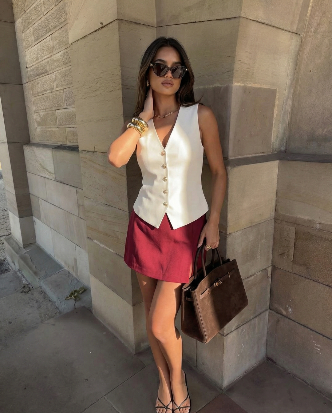 Demi | Elegant Vest Top Cream Sleeveless Fitted V Neck Gold Button