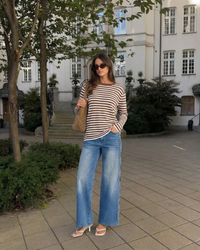 Violet | Horizontal Stripe Round Neck Ribbed Trim Relaxed Cotton Top