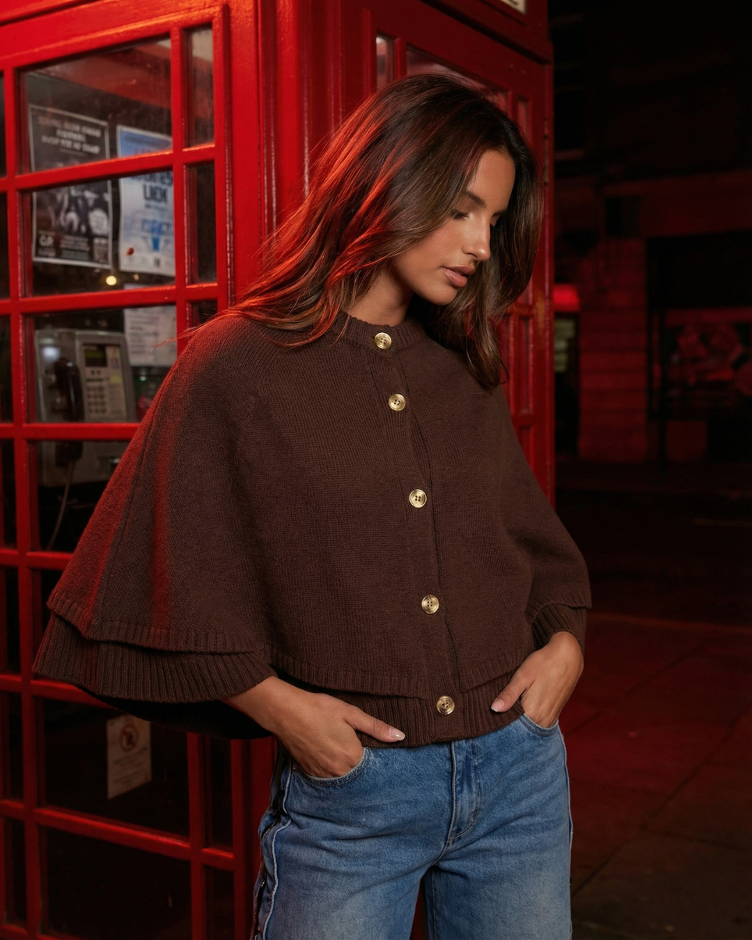 Eliza | Cape Sleeve Gold Button Ribbed Trim Relaxed Cropped Knit Cardigan