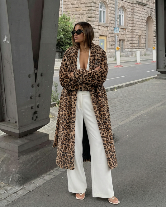 Alma | Winter Long Faux Fur Leopard Print Coat Brown Fluffy