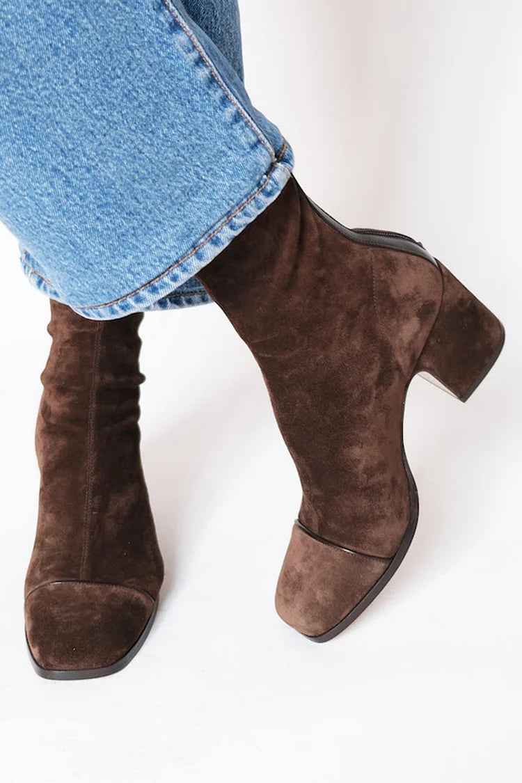 Camille | Women's Suede Block Heel Ankle Boots Dark Brown