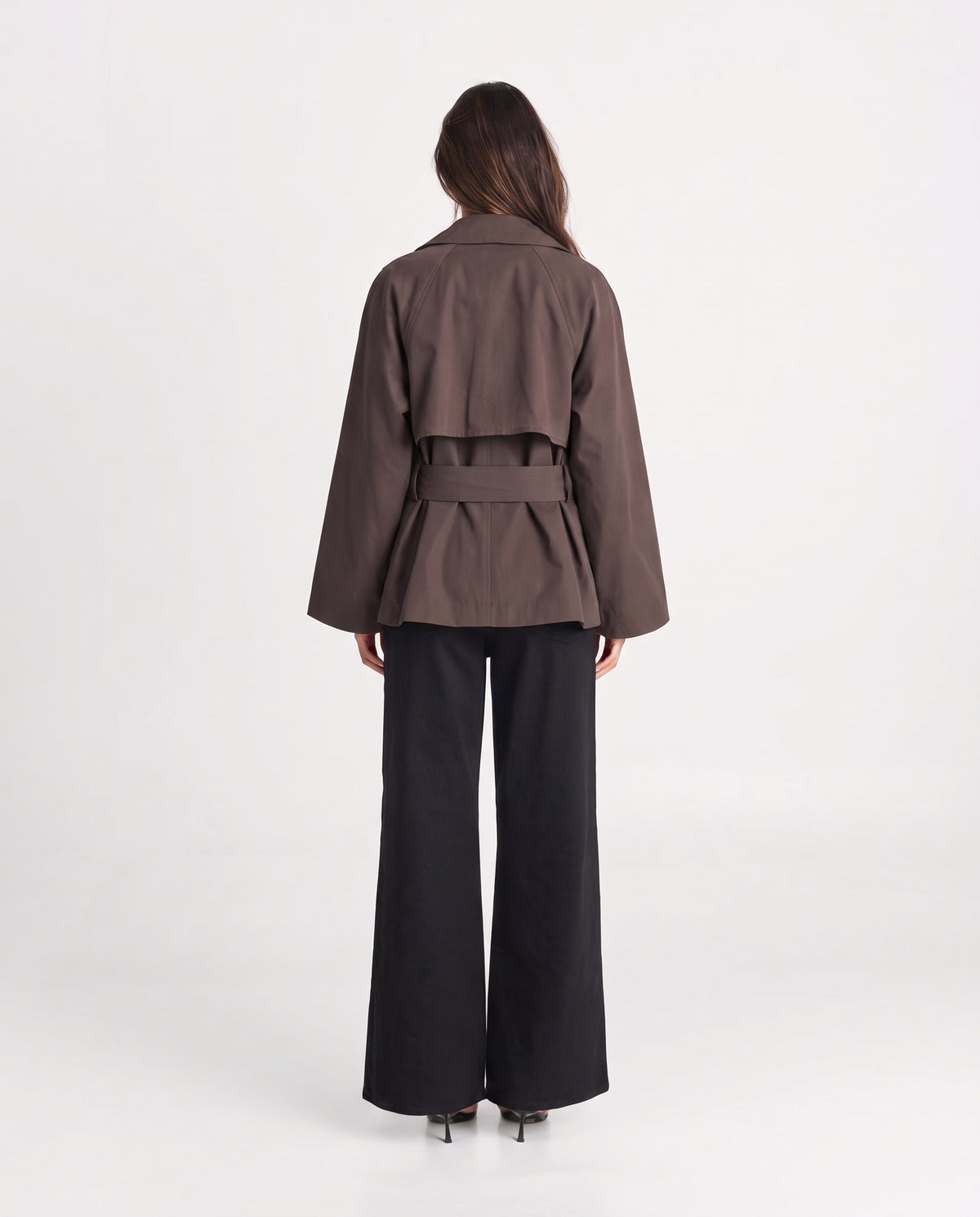 Aurora cropped double-breasted trench coat back view belted