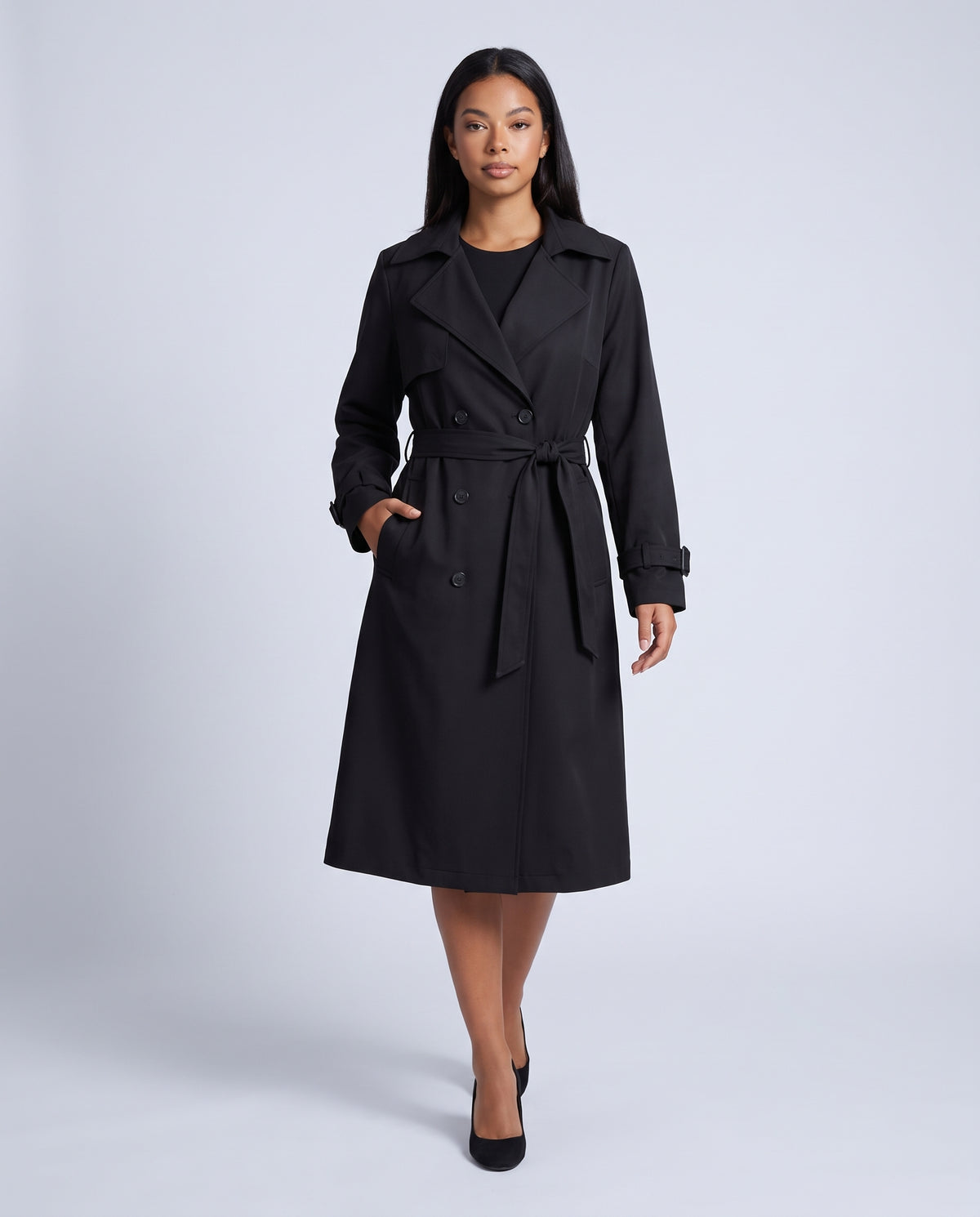 Bridget longline belted trench coat in Black - front