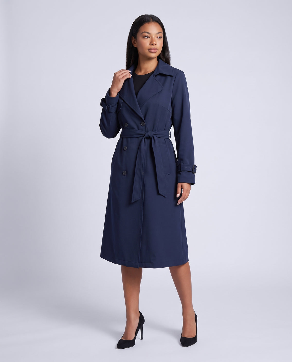 Bridget longline belted trench coat in Navy Blue - front view 2