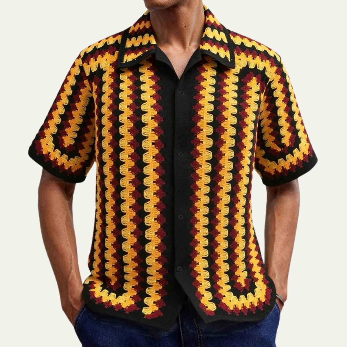 Aldous crochet polo shirt black mustard