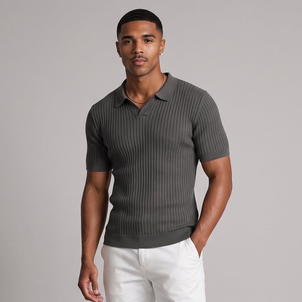 Kasper | Ribbed Knit Short Sleeve Polo Shirt