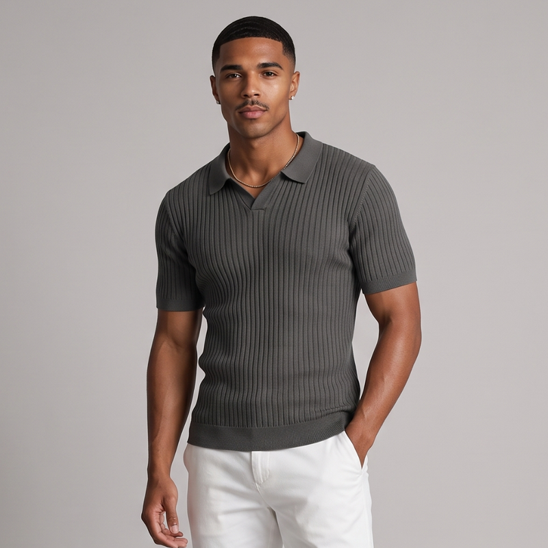 Kasper | Ribbed Knit Short Sleeve Polo Shirt