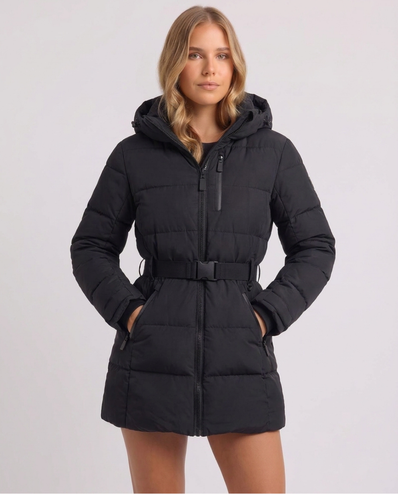 Malvina | Women's Hooded Belted Puffer Jacket Geometric and Black