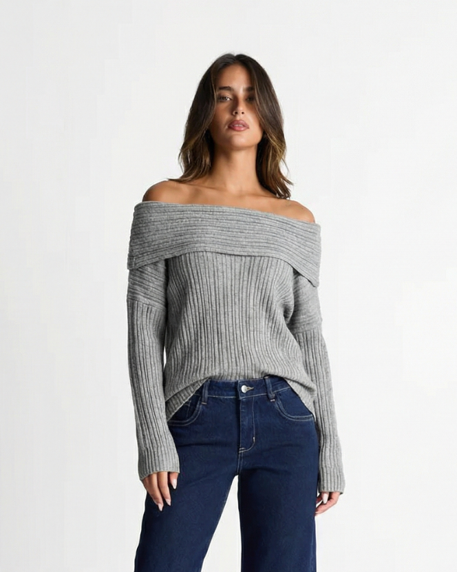 Emilia | Off-Shoulder Ribbed Knit Long Sleeve Relaxed Top
