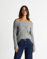 Emilia | Off-Shoulder Ribbed Knit Long Sleeve Relaxed Top