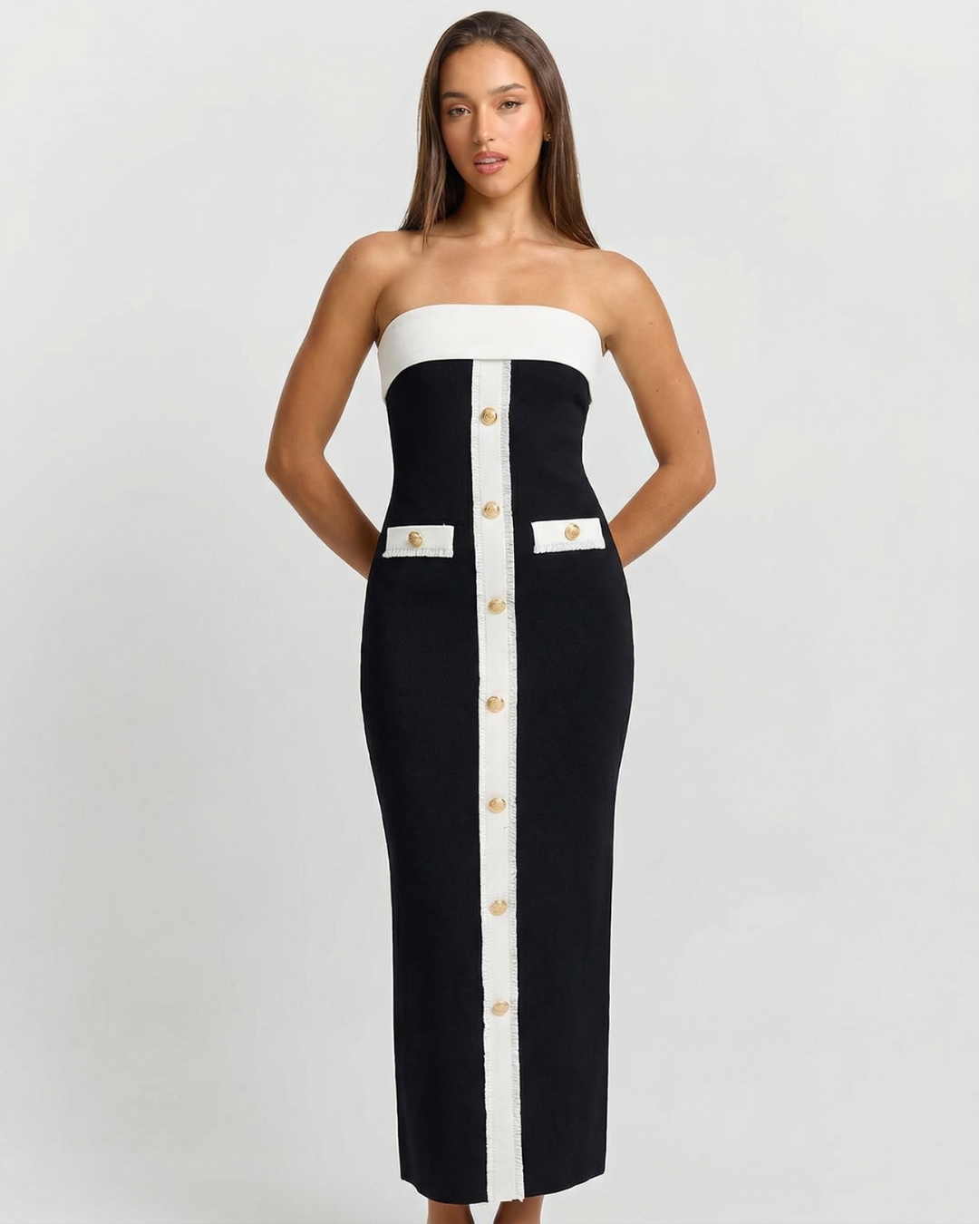 Bridget | Contrast Panel Strapless Bodycon Midi Dress