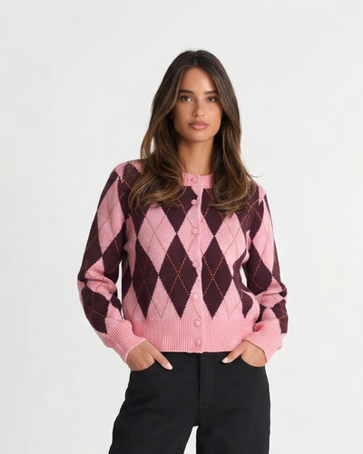 Zoe | Casual Argyle Knitted Cardigan Pink Brown Long Sleeve