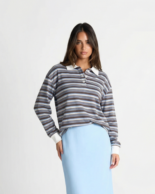 Florence | Blue Cosy Striped Long Sleeve Polo Top