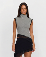 Betsy | Patterned Fine Knit Lace Trim Asymmetric Top