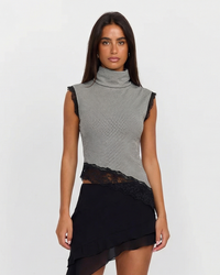 Betsy | Patterned Fine Knit Lace Trim Asymmetric Top