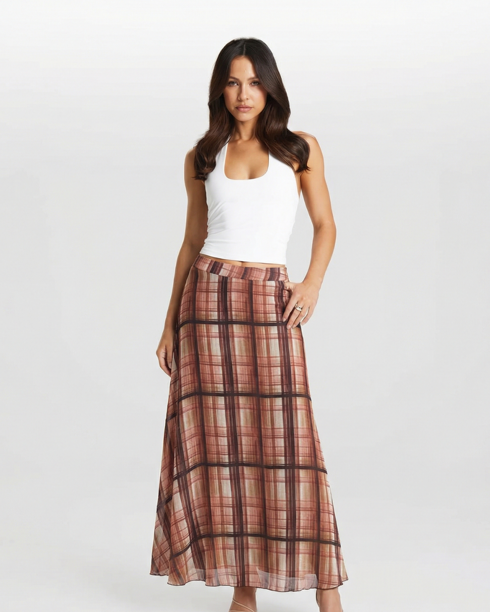 Ada | Autumn Tiered Maxi Skirt Brown Check Sheer