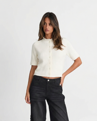Zoe | Ruffle Stand Collar Button Front Ribbed Cropped Cardigan
