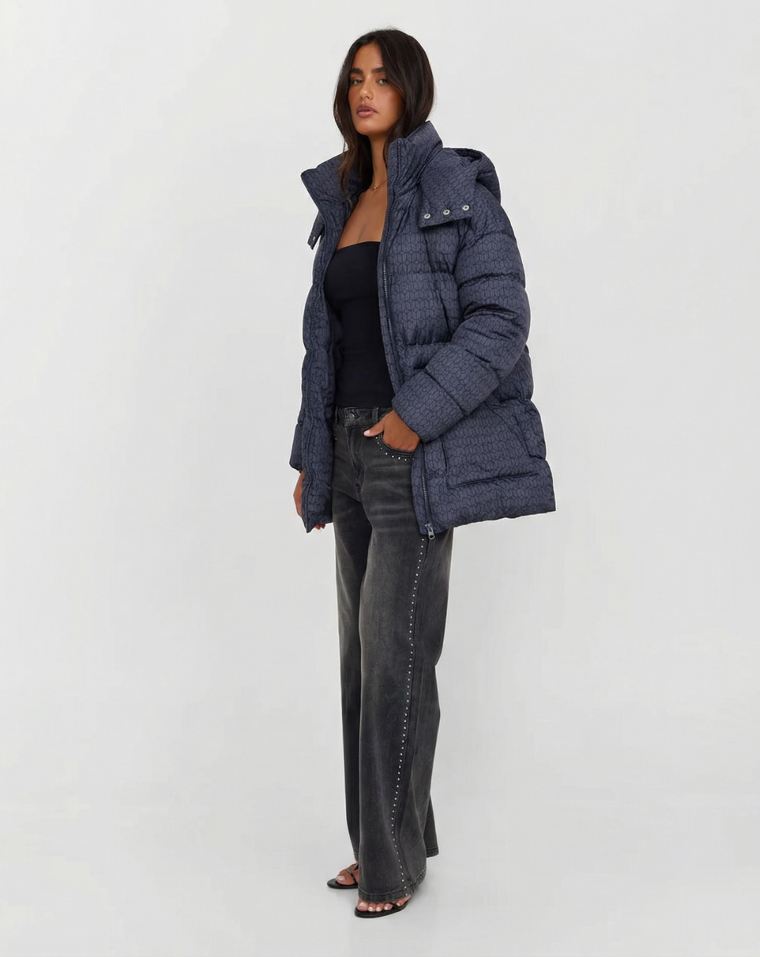 Zuri | Winter Quilted Puffer Jacket Navy Long Padded Hooded