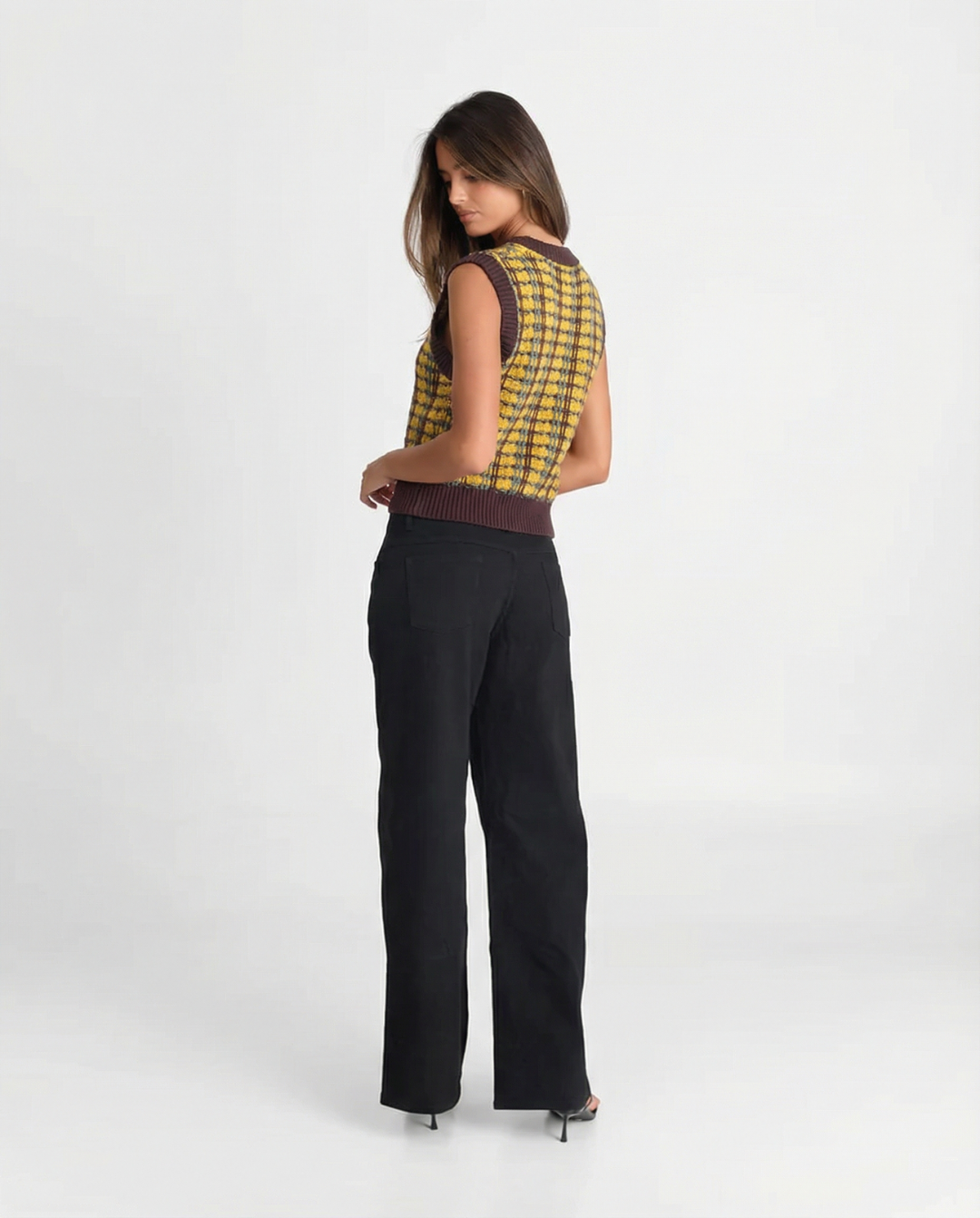 Sia | Knitted Vest Top Yellow Purple Sleeveless V Neck Check Pattern