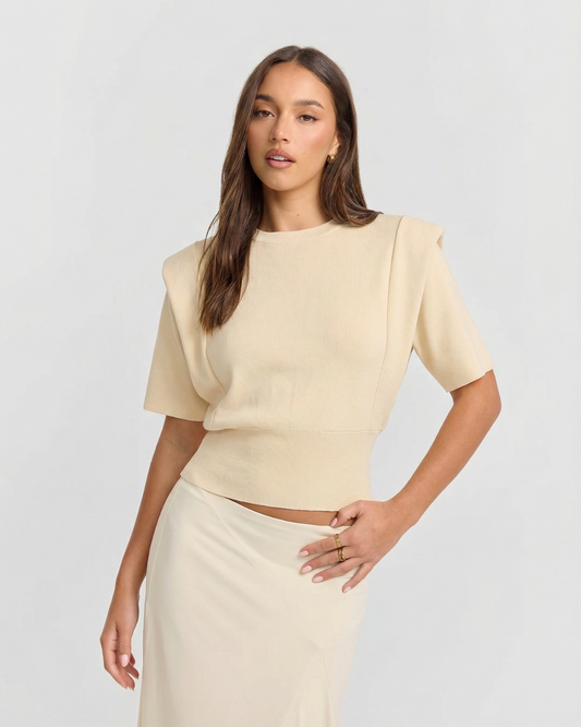Vera | Ribbed Puff Sleeve Top Cream Short Sleeve Fitted