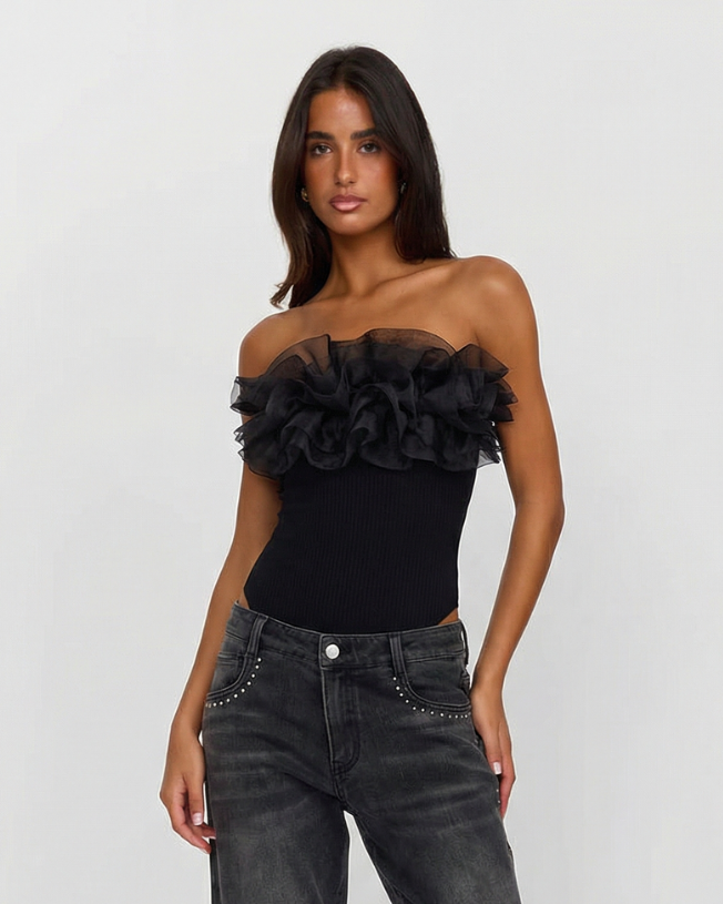 Yara | Strapless Ruffle Crop Top Black Bodysuit
