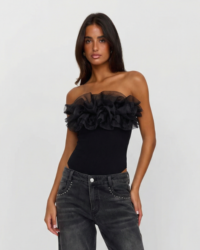 Yara | Strapless Ruffle Crop Top Black Bodysuit